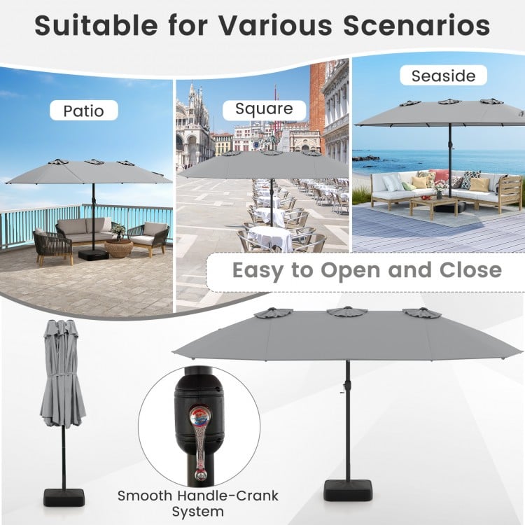 15ft double-sided patio umbrella in market-gray with crank mechanism, ideal for outdoor shading and stability.
