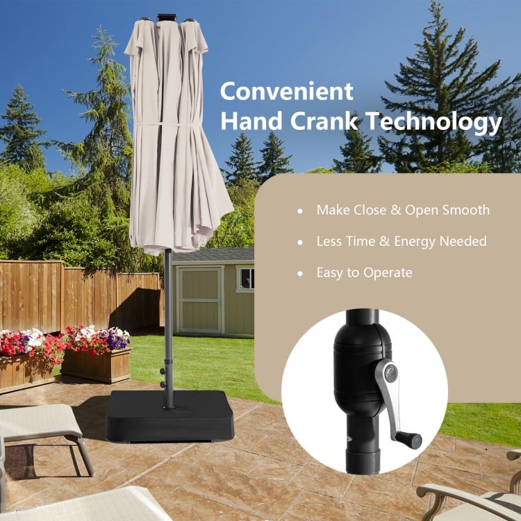 Double-sided beige patio umbrella with 48 LED lights and hand-crank system, ideal for outdoor shading in gardens.