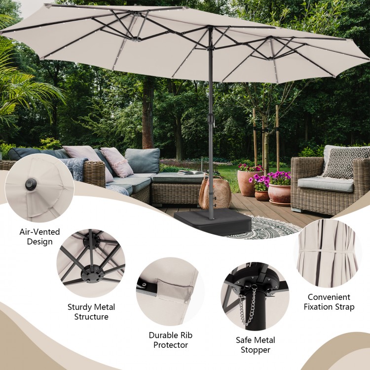 Double-sided 15 feet patio umbrella in beige with sturdy metal structure and 48 LED lights, perfect for outdoor shading.
