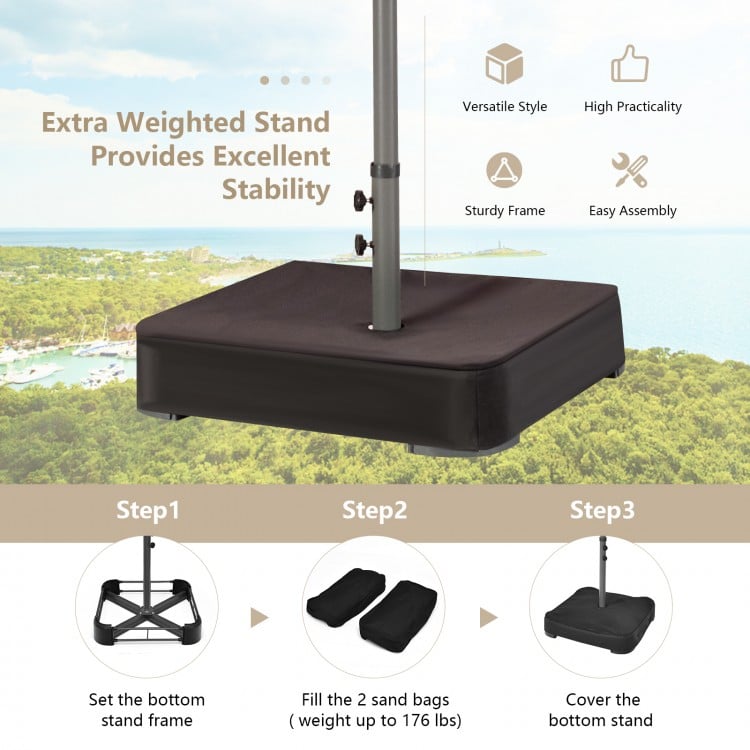 Double-sided patio umbrella base with sand bags for stability, featuring a sturdy frame and versatile design for.
