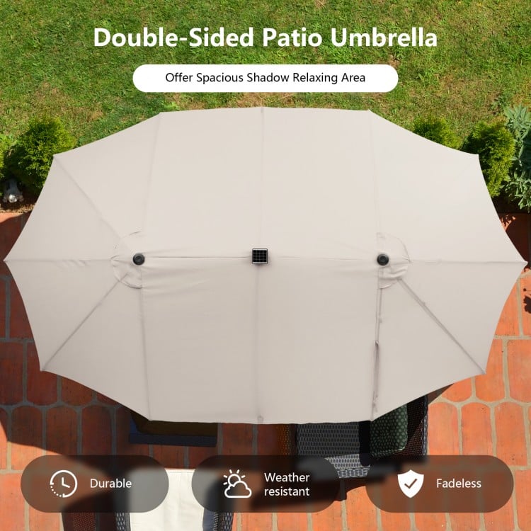 Double-sided 15 feet patio umbrella in beige with 48 LED lights, perfect for spacious shading in outdoor areas.