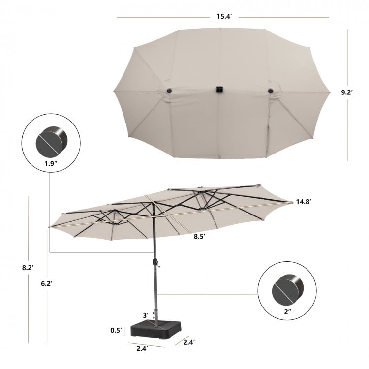 Double-sided 15 feet patio umbrella in beige with 48 LED lights, ideal for garden and backyard shading.