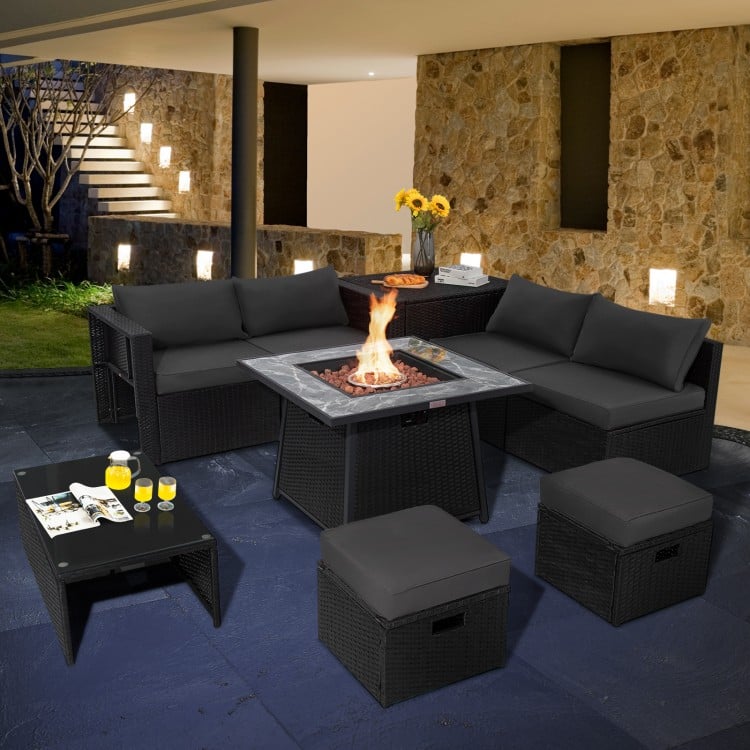 9-piece outdoor wicker sectional with gray cushions and a 35-inch gas fire pit table for cozy gatherings.