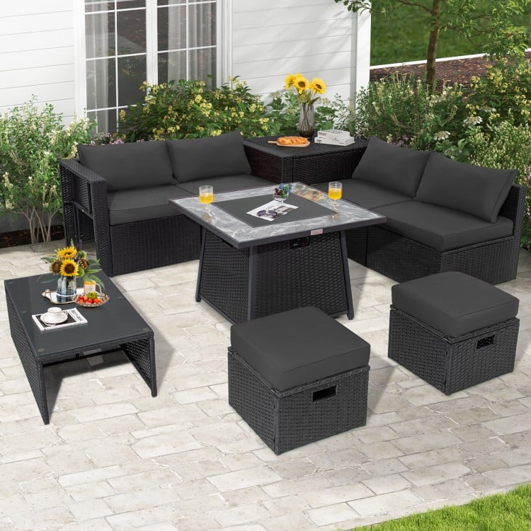 9-piece outdoor wicker sectional with gray cushions and a 35-inch gas fire pit table, perfect for patio gatherings.