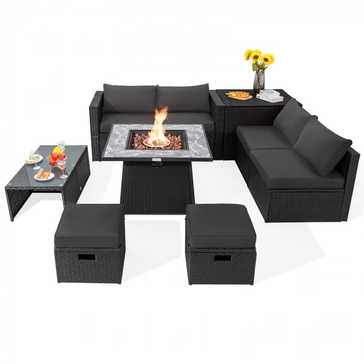 9-piece outdoor wicker sectional set with gray cushions and a 35-inch gas fire pit table for cozy gatherings.