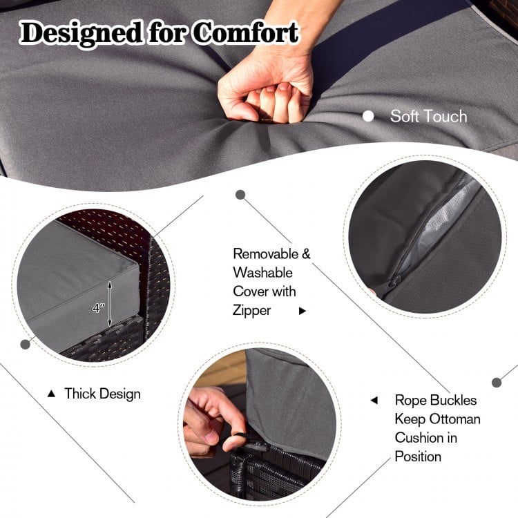 Close-up of soft touch cushion with removable cover and zipper, part of the 9-piece gray outdoor wicker sectional set.