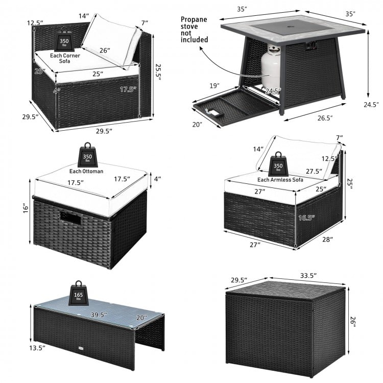 Gray 9-piece outdoor wicker sectional set with gas fire pit table, featuring soft cushions and storage ottomans for.