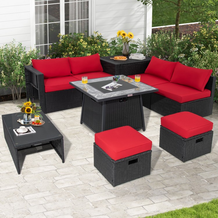 9-piece outdoor wicker sectional set with red cushions and gas fire pit table, perfect for patio gatherings.