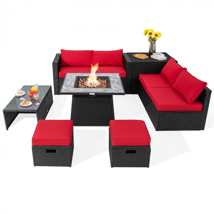 9-piece outdoor wicker sectional set with red cushions and a 35-inch gas fire pit table for cozy gatherings.