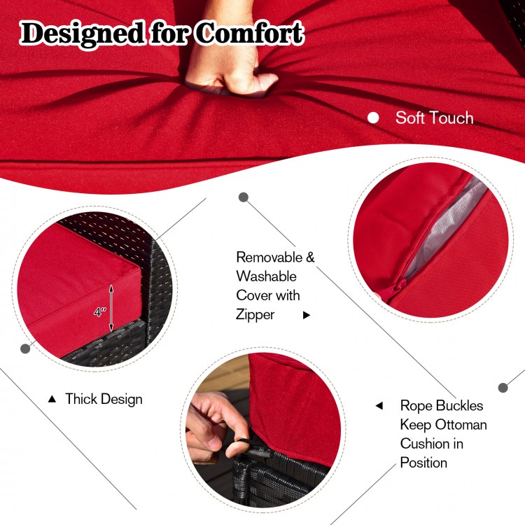 Red cushion detail of the 9-piece outdoor wicker sectional with removable cover and zipper for easy cleaning.