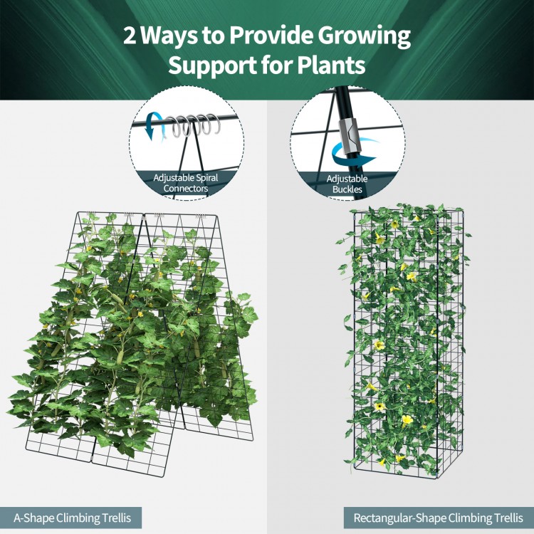 Foldable A-frame trellis plant supports in green, featuring a sturdy steel frame for climbing plants in gardens or.