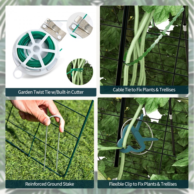 A-frame trellis plant supports in green with twist ties and clips for securing climbing plants in the garden.