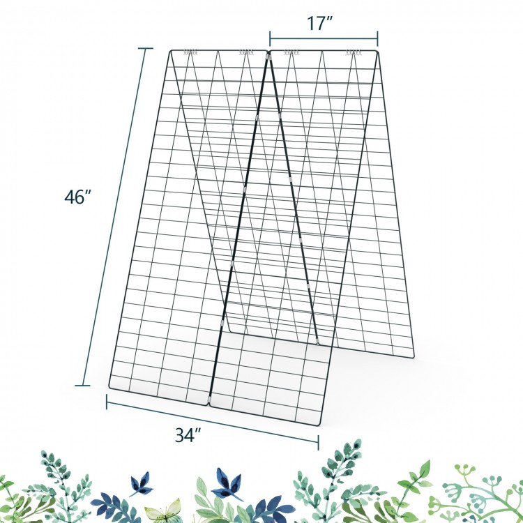 Foldable A-frame trellis supports for climbing plants, featuring a sturdy steel frame and large planting area.