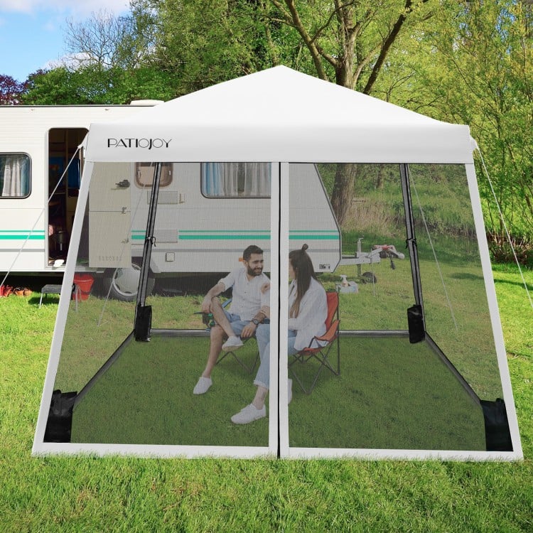 10x10 feet pop-up canopy with mesh sidewalls, adjustable height, and carrying bag, ideal for outdoor gatherings.