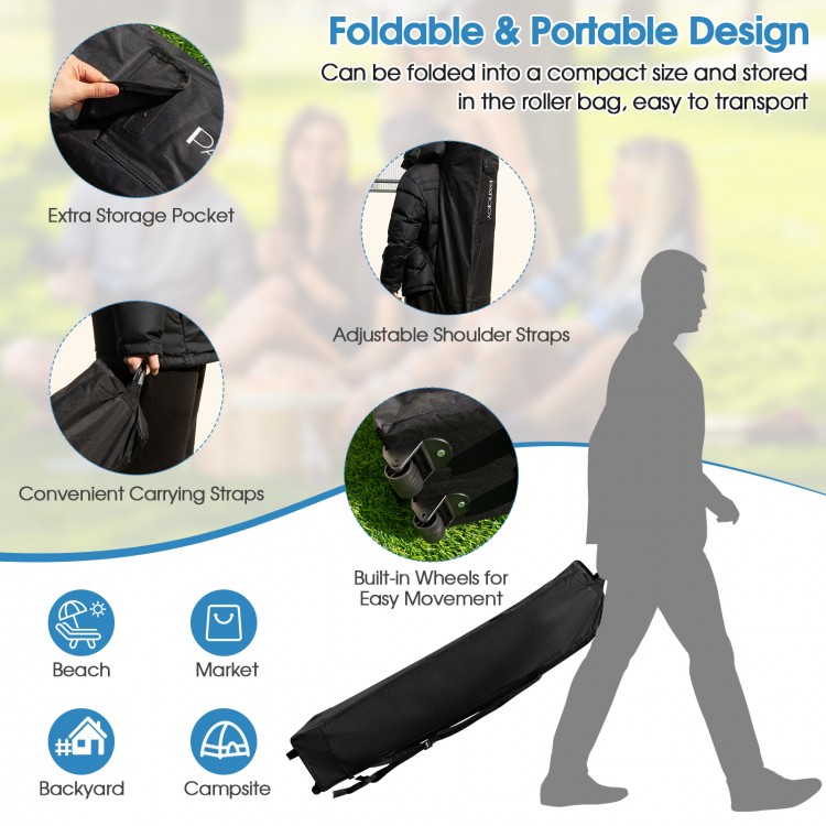 Pop up canopy with mesh sidewalls, adjustable height, and roller bag for easy transport to beach, market, or campsite.