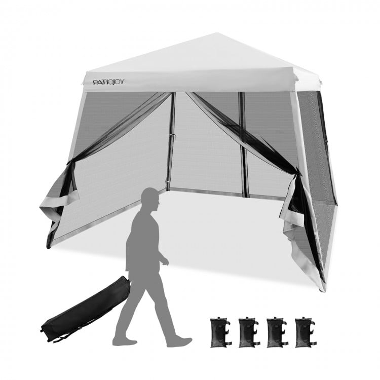 Pop up canopy with mesh sidewalls, adjustable height, and carrying bag for outdoor events and sun protection.