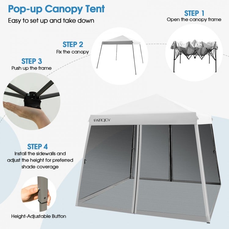 Pop up canopy tent with mesh sidewalls, adjustable height, and roller bag for easy transport and setup.