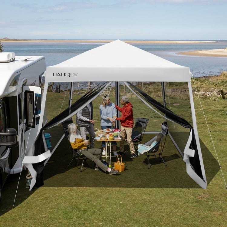Pop up canopy with mesh sidewalls, adjustable height, and durable oxford fabric, ideal for outdoor gatherings and.