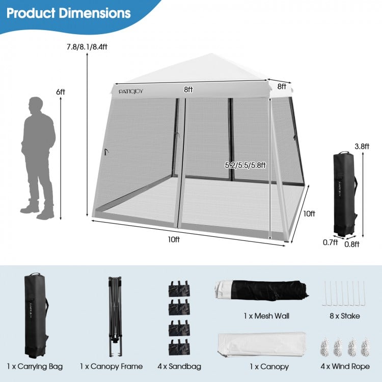 10x10 feet pop-up canopy with mesh sidewalls, adjustable height, and carrying bag for outdoor events and protection.