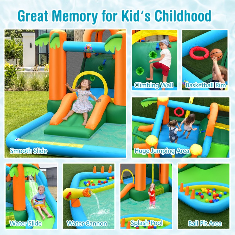 Inflatable water slide park featuring a smooth slide, splash pool, and climbing wall for kids' summer fun.