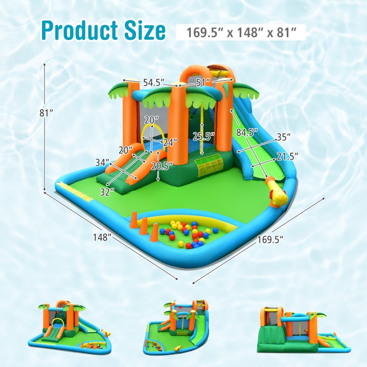 Inflatable water slide park measuring 169.5" x 148" x 81", featuring slides, splash pool, and palm design for kids' fun.