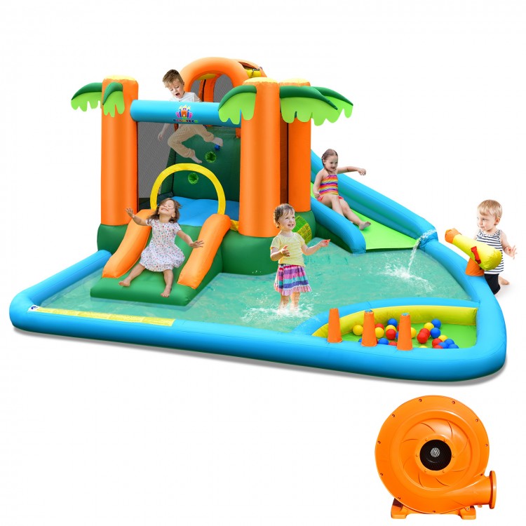 Inflatable water slide park featuring two slides, splash pool, and palm tree design, perfect for kids' summer fun.