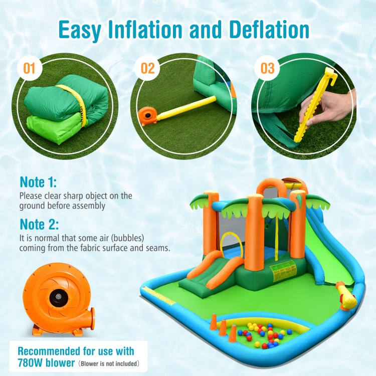 Inflatable water slide park with palm design, featuring slides, splash pool, and climbing wall for kids' summer fun.