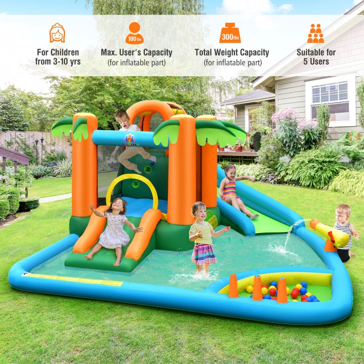 Colorful 7-in-1 inflatable water slide park for kids, featuring slides, splash pool, and palm tree design, suitable for.