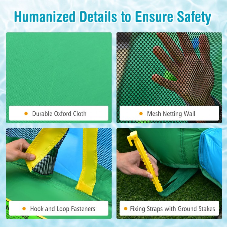 Durable Oxford cloth and mesh netting wall of the inflatable water slide park ensure safety for children during play.