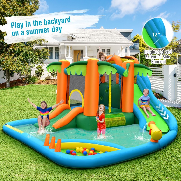 Inflatable water slide park featuring two slides, trampoline, and splash pool for backyard fun with kids.
