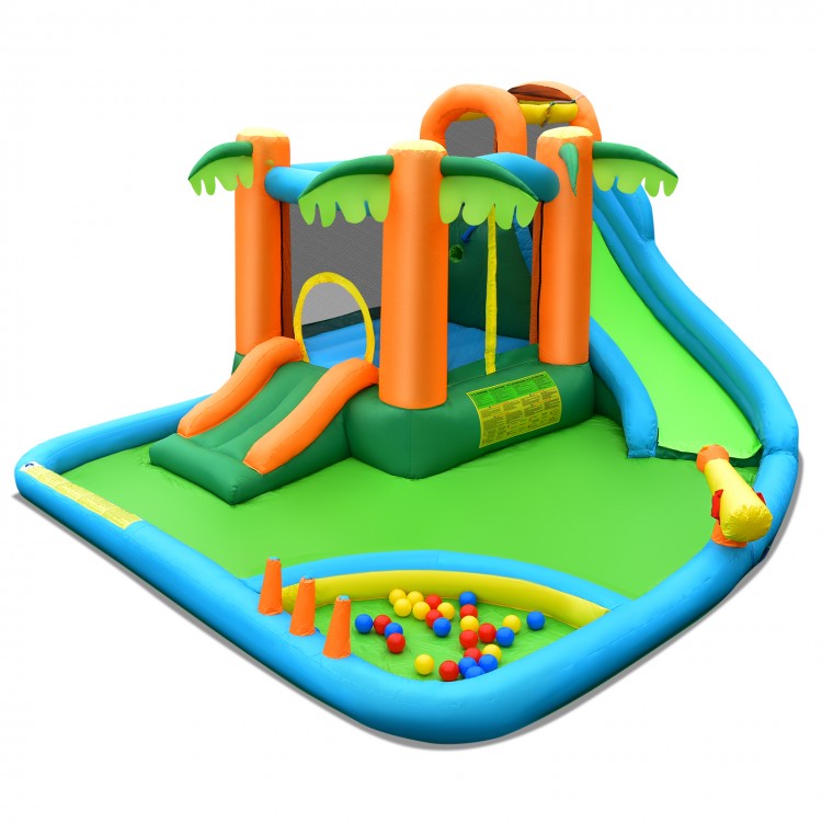 Inflatable water slide park featuring two slides, trampoline, splash pool, and climbing wall for outdoor fun.