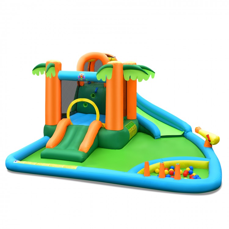 Inflatable water slide park with palm trees, climbing wall, and two slides, made of durable waterproof Oxford cloth for.