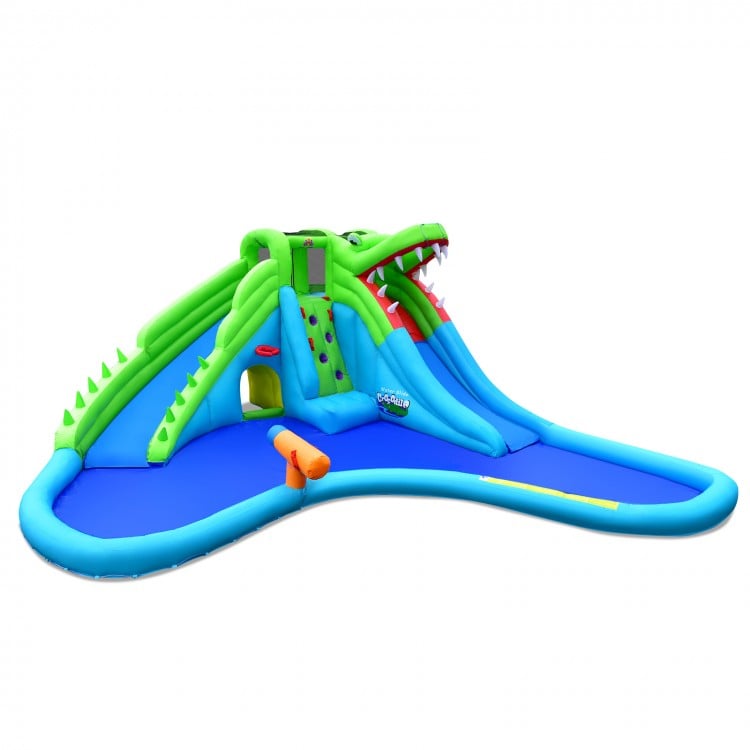Inflatable 7-in-1 bounce house with water slide and splashing pool, designed for outdoor fun with multiple activities.