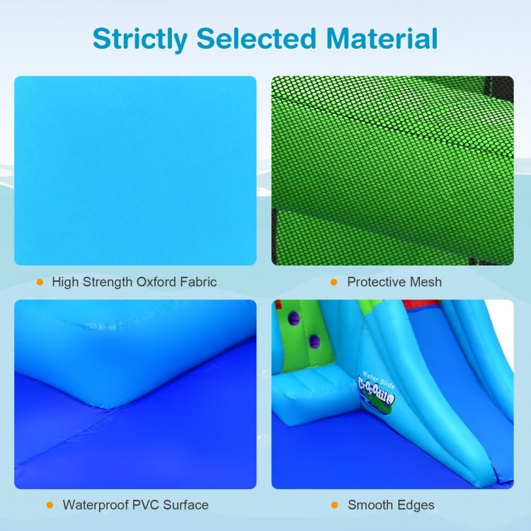 High strength oxford fabric and waterproof PVC surface of the 7-in-1 inflatable bounce house for durable outdoor fun.
