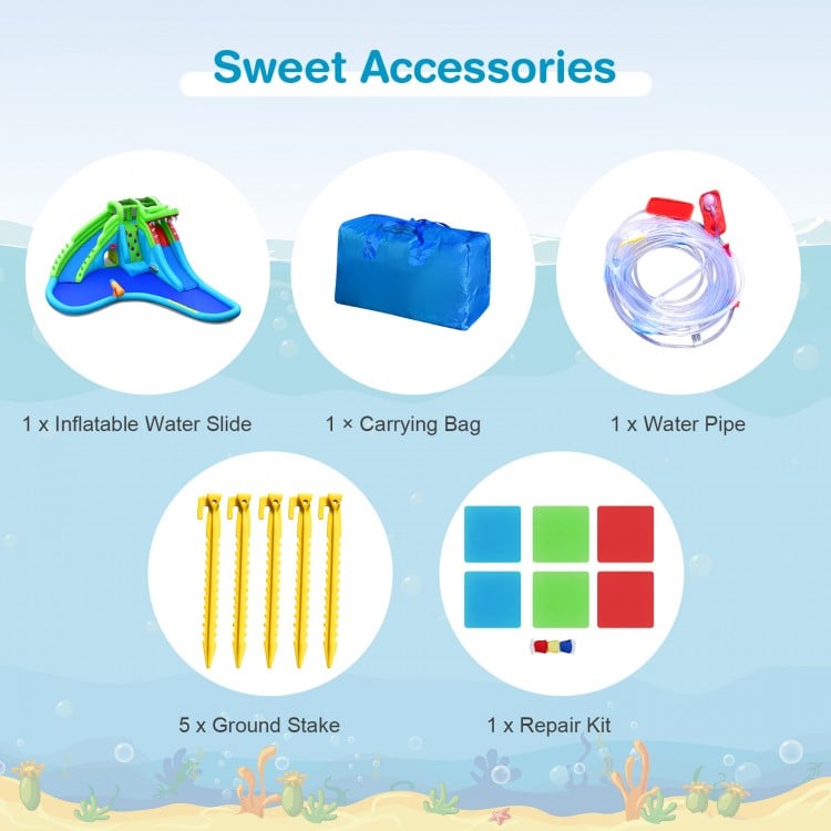 Inflatable water slide accessories including a carrying bag, water pipe, ground stakes, and repair kit for easy setup.