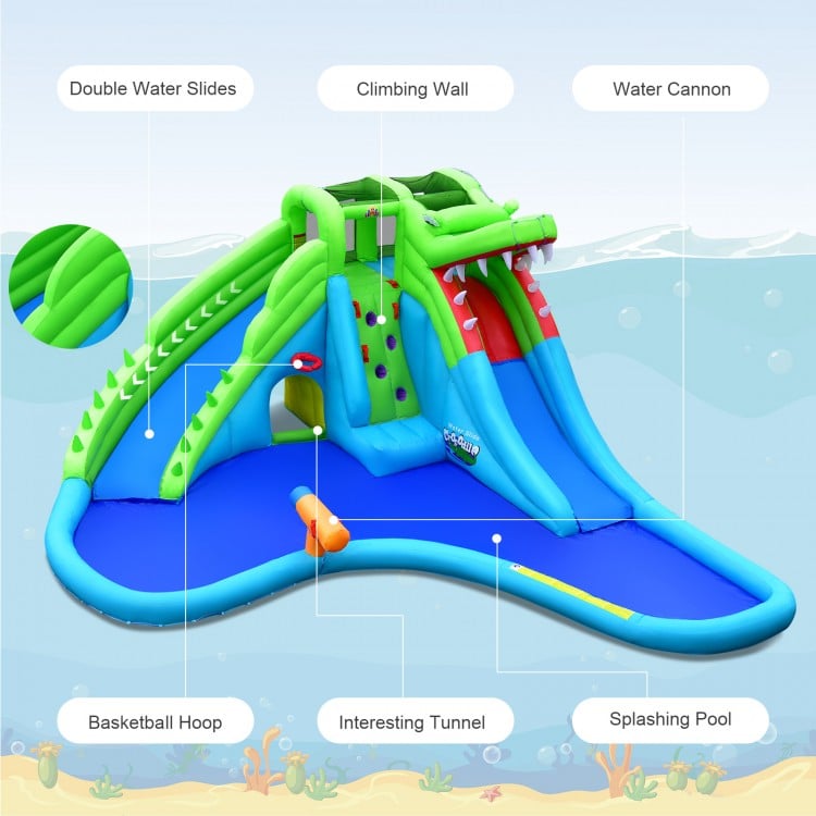 7-in-1 inflatable bounce house with double water slides, climbing wall, and splashing pool for outdoor fun.