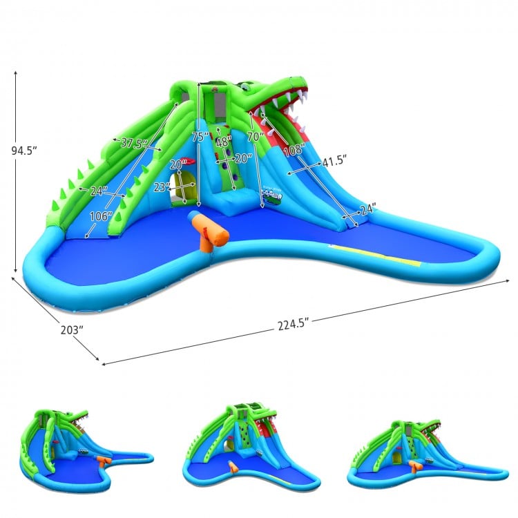 Inflatable 7-in-1 bounce house with double slides, climbing wall, and splashing pool for outdoor fun, measuring 224.5".