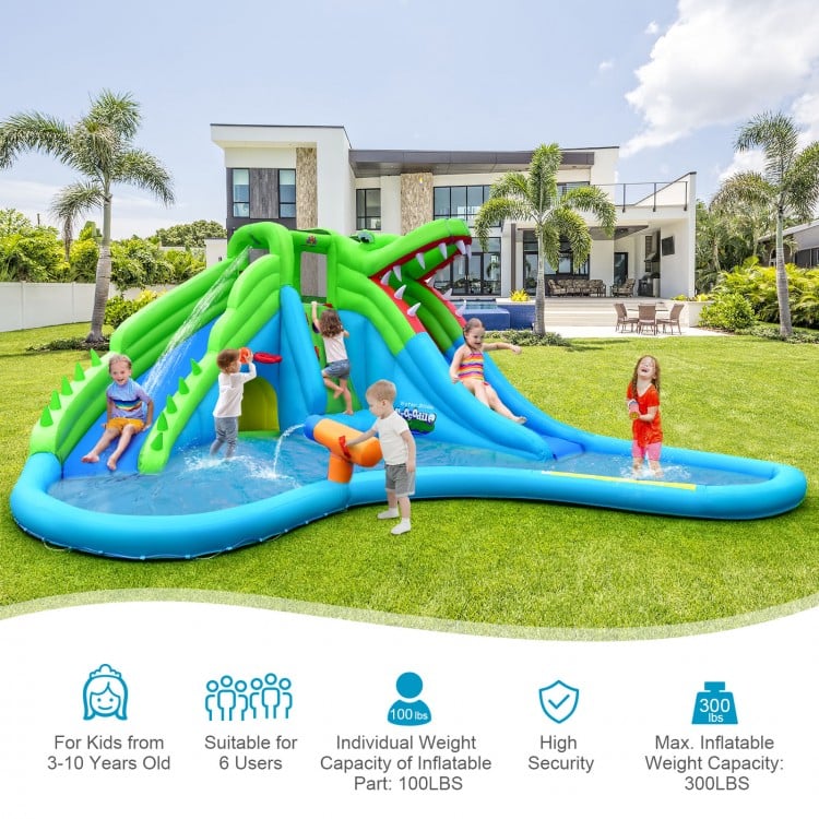 Children playing on the 7-in-1 inflatable bounce house with splash pool, featuring slides and water cannons for outdoor.