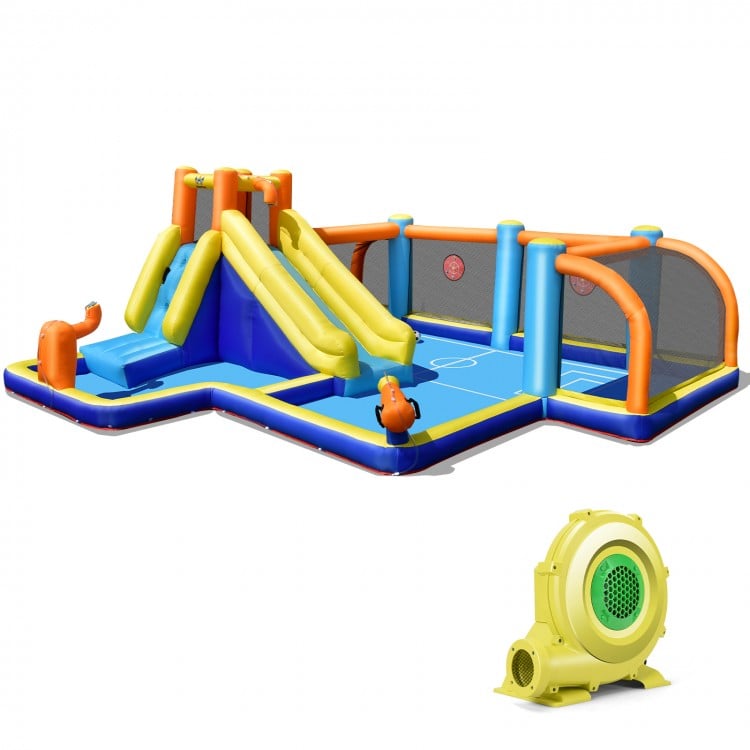 Giant soccer-themed inflatable water slide with dual water cannons, climbing wall, and safety mesh for kids' outdoor.