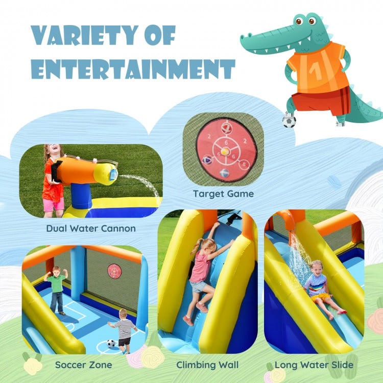 Giant soccer-themed inflatable water slide featuring dual water cannons, climbing wall, and long slides for kids' fun.