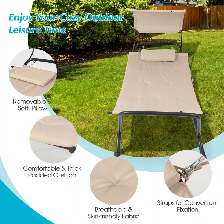 Patio hanging chaise lounge chair with canopy, beige cushion, and storage bag, perfect for outdoor relaxation.