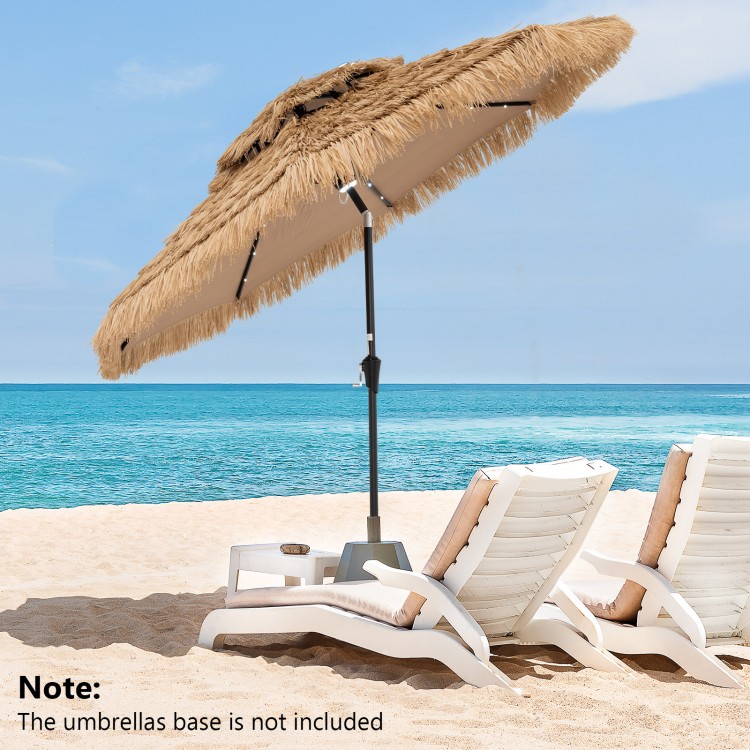 Thatched 9-foot tiki patio umbrella with LED lights, ideal for beachside relaxation and shade. Base not included.