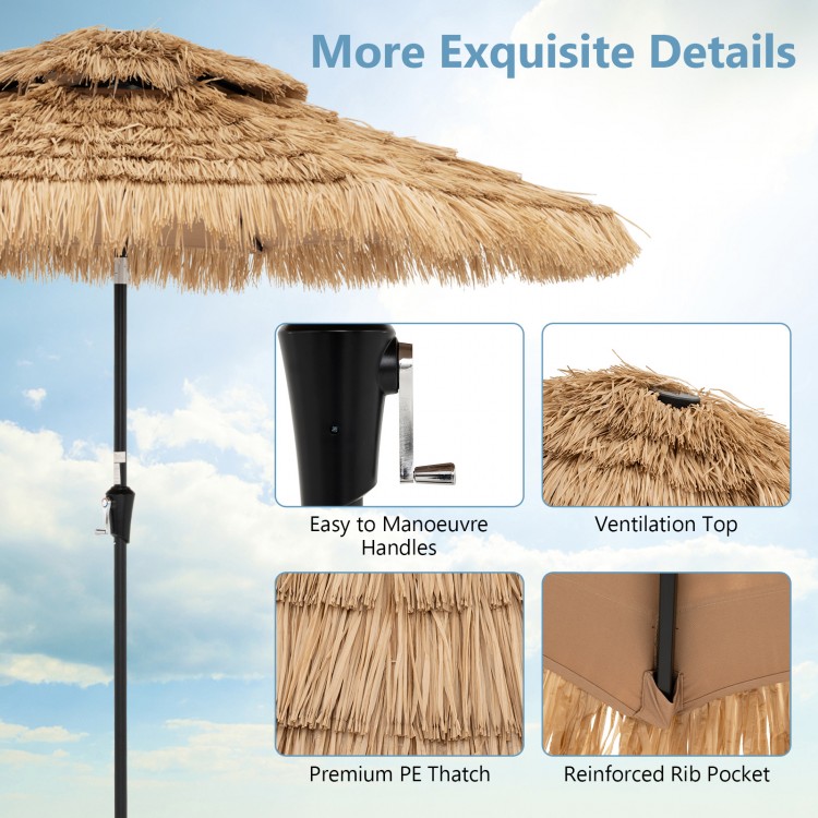 9-foot solar-powered tiki patio umbrella with thatched canopy, featuring LED lights and a ventilated top for cooling.