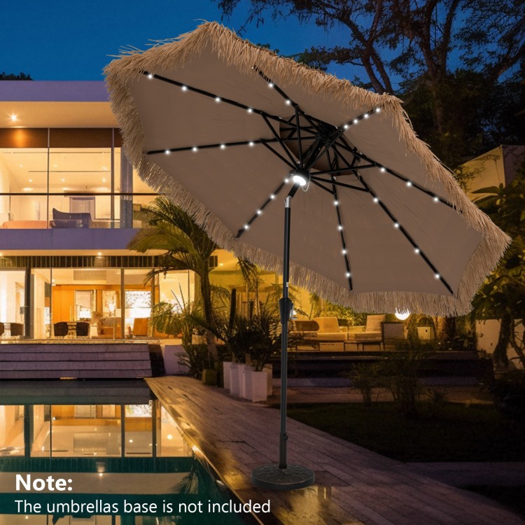 9-foot solar-powered thatched tiki patio umbrella with LED lights, featuring a ventilated top for cooling and tropical.