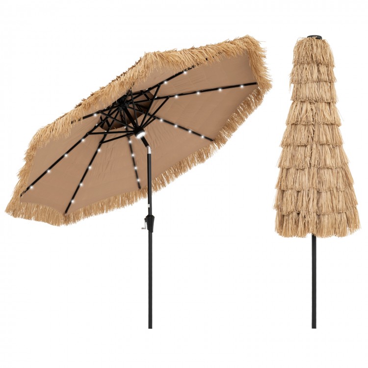 9-foot solar-powered thatched tiki patio umbrella with LED lights, featuring a durable polyester canopy for outdoor.