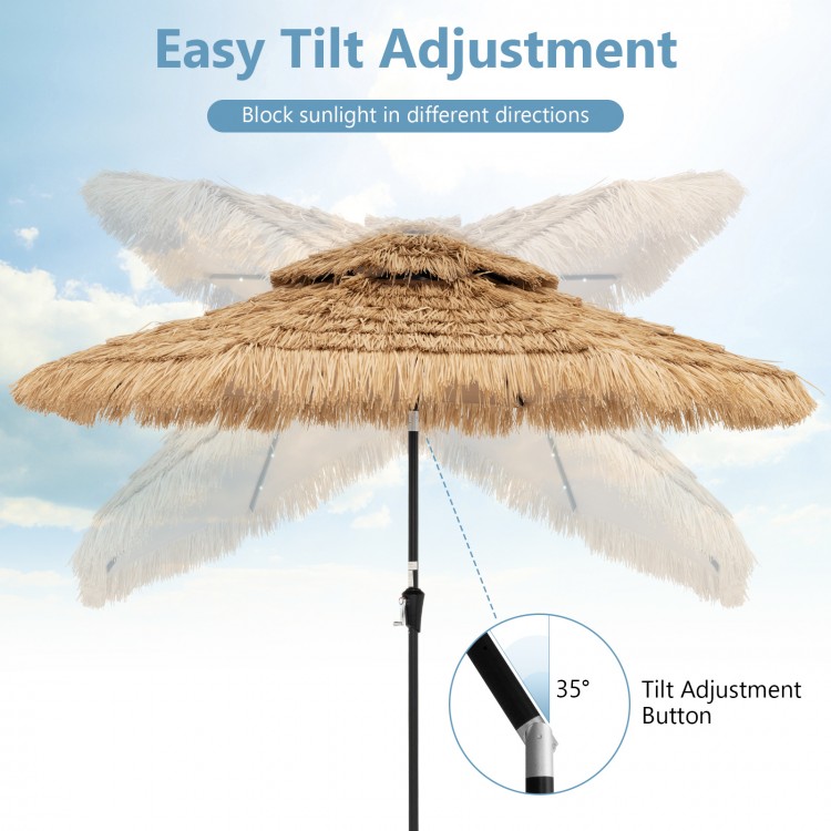 9-foot thatched tiki patio umbrella with solar-powered LED lights and easy tilt adjustment for optimal shading.