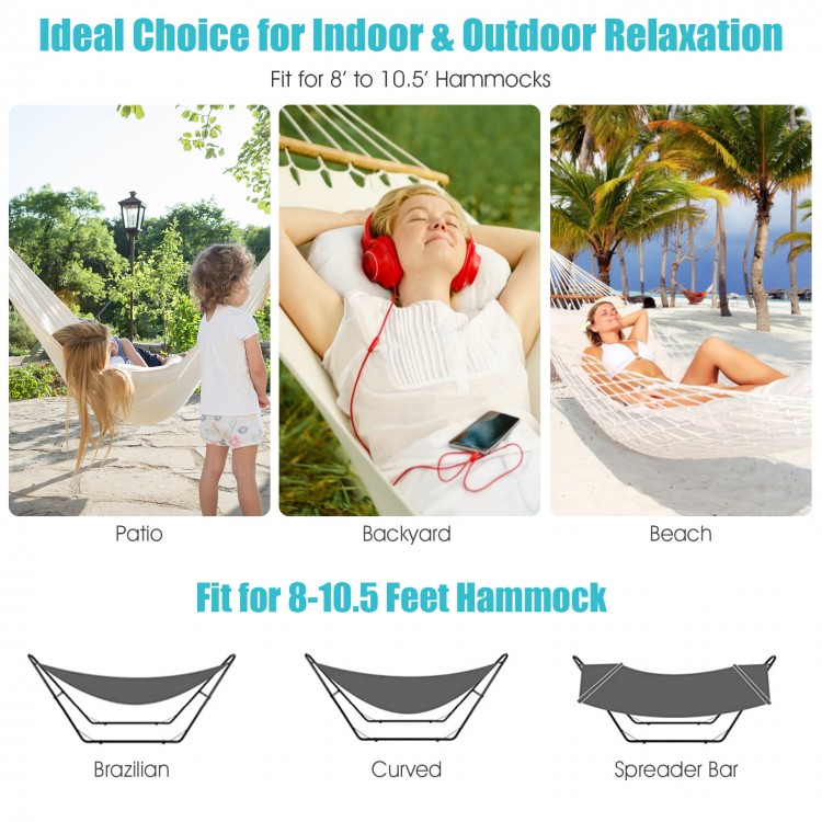 2-person hammock stand with powder-coated steel frame, adjustable heights, and carrying bag for outdoor relaxation.