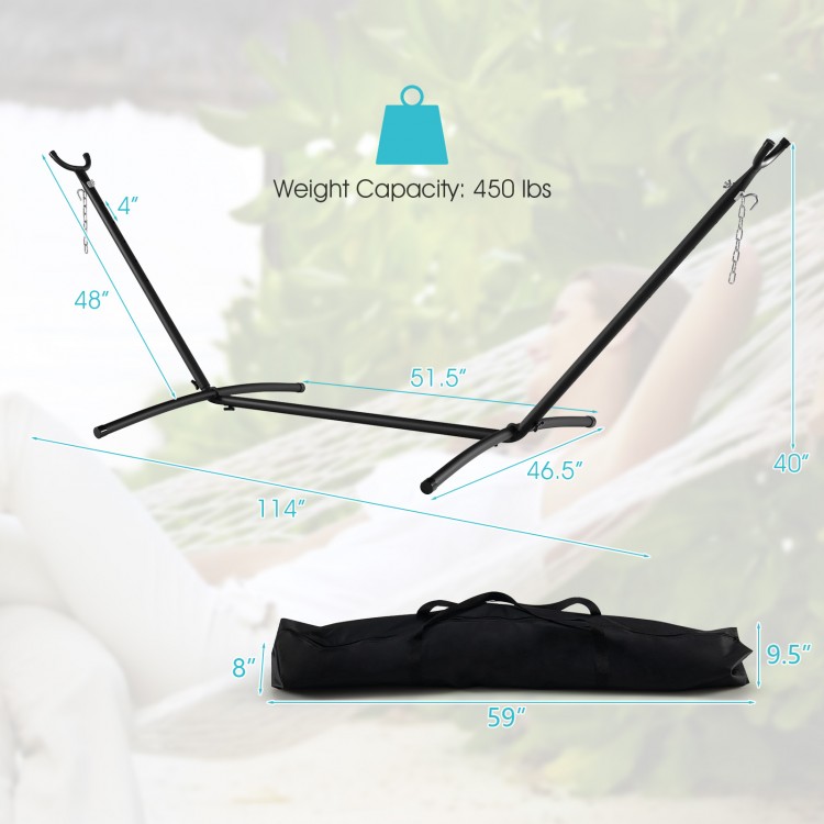 Hammock stand with adjustable heights, powder-coated steel frame, supports 450 lbs, ideal for yard or beach use.