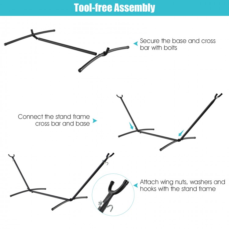Assembly instructions for a 2-person hammock stand, featuring a powder-coated steel frame and tool-free setup.