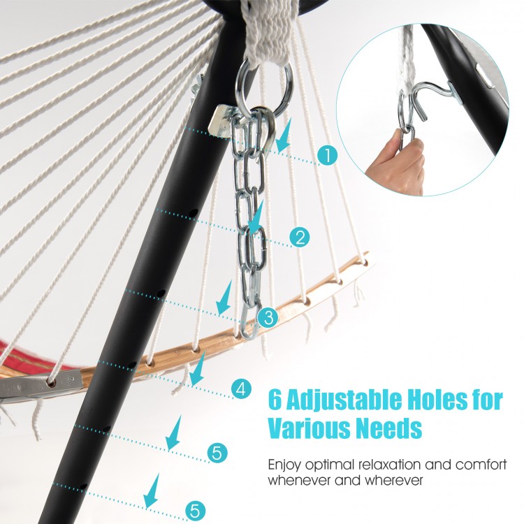 Close-up of the adjustable hook on the 2-person hammock stand, featuring 6 height options for versatile use.